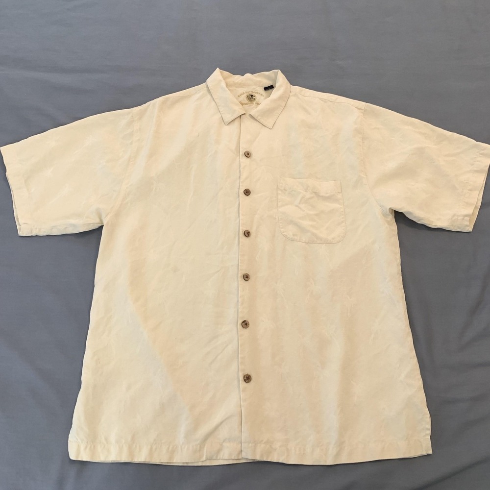 Eagle Dry Goods Shirt Mens Medium White Silk Hawaiian‎ Short Sleeve Button Front